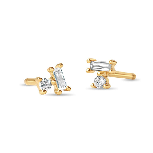 Mila Baguette + Round Stone Stud Earrings - Ptera Jewelry