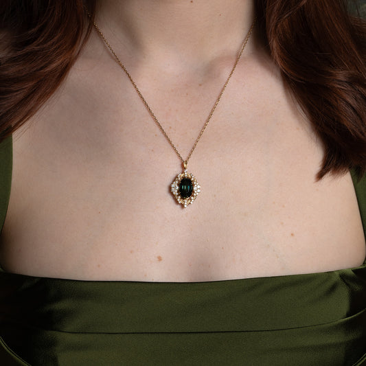 Faelyn Necklace in 18K Gold with Teal/Green Sapphire and Diamonds