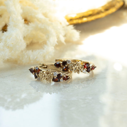 Flora Rose Hoop Earrings in 14K Gold with Garnet