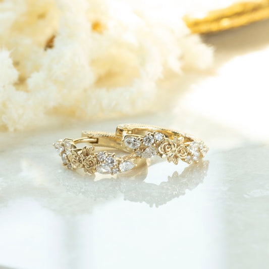 Flora Rose Hoop Earrings in 14K Gold