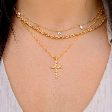 Rose Bud Cross Pendant Necklace with Rose Gold Roses