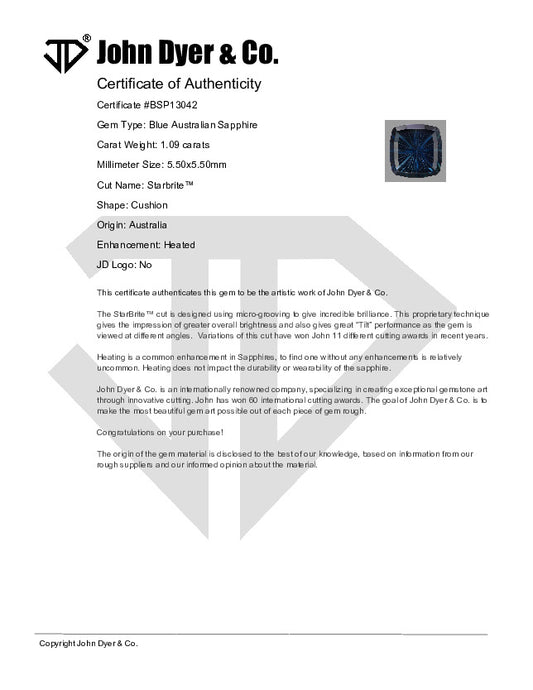 1.09cts Blue Australian Sapphire Starbrite™ Cut Cushion
